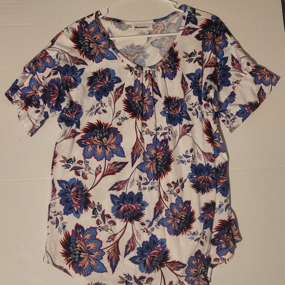 Liz Claiborne Womens Scoop Neck Sz L Blouse White Floral Short Sleeve